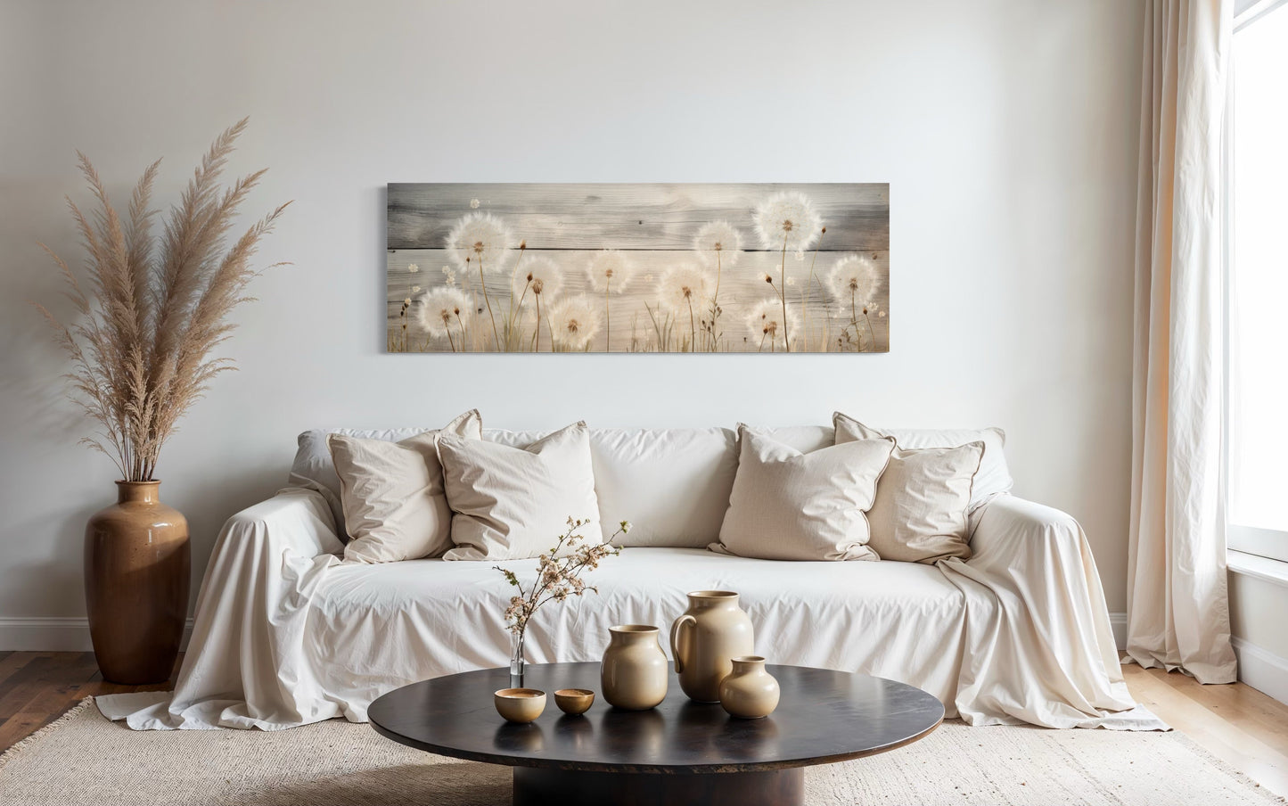 Rustic Dandelions Painting On Wood Long Horizontal Above Bed Wall Art