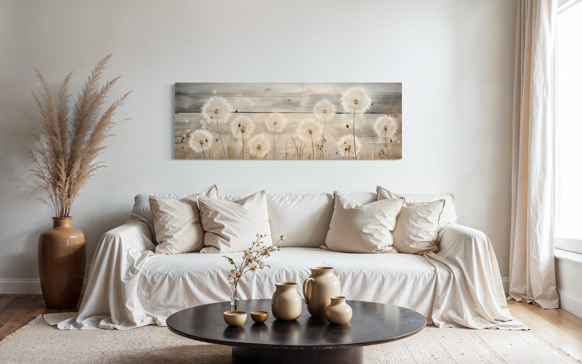 Rustic Dandelions Painting On Wood Long Horizontal Above Bed Wall Art