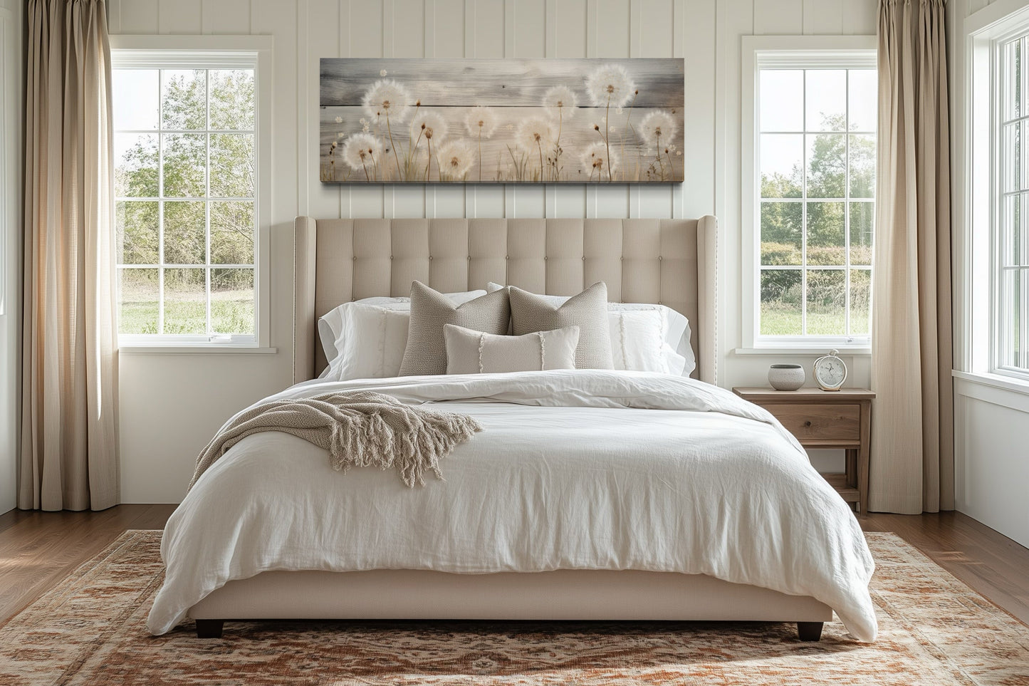Rustic Dandelions Painting On Wood Long Horizontal Above Bed Wall Art