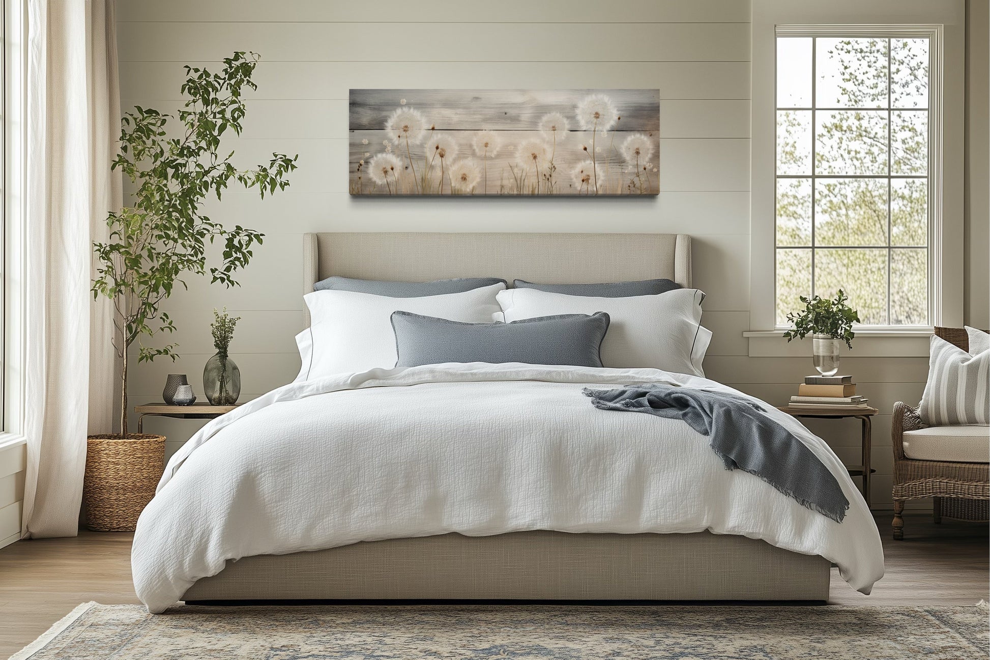 Rustic Dandelions Painting On Wood Long Horizontal Above Bed Wall Art