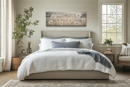 Rustic Dandelions Painting On Wood Long Horizontal Above Bed Wall Art