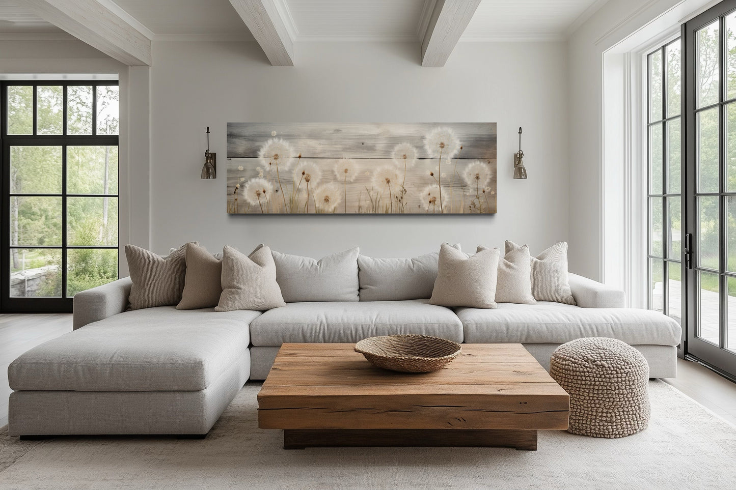 Rustic Dandelions Painting On Wood Long Horizontal Above Bed Wall Art