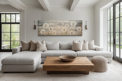 Rustic Dandelions Painting On Wood Long Horizontal Above Bed Wall Art