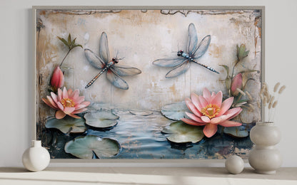 Rustic Dragonflies Wall Art – Framed Canvas Painting With Water Lilies Decor