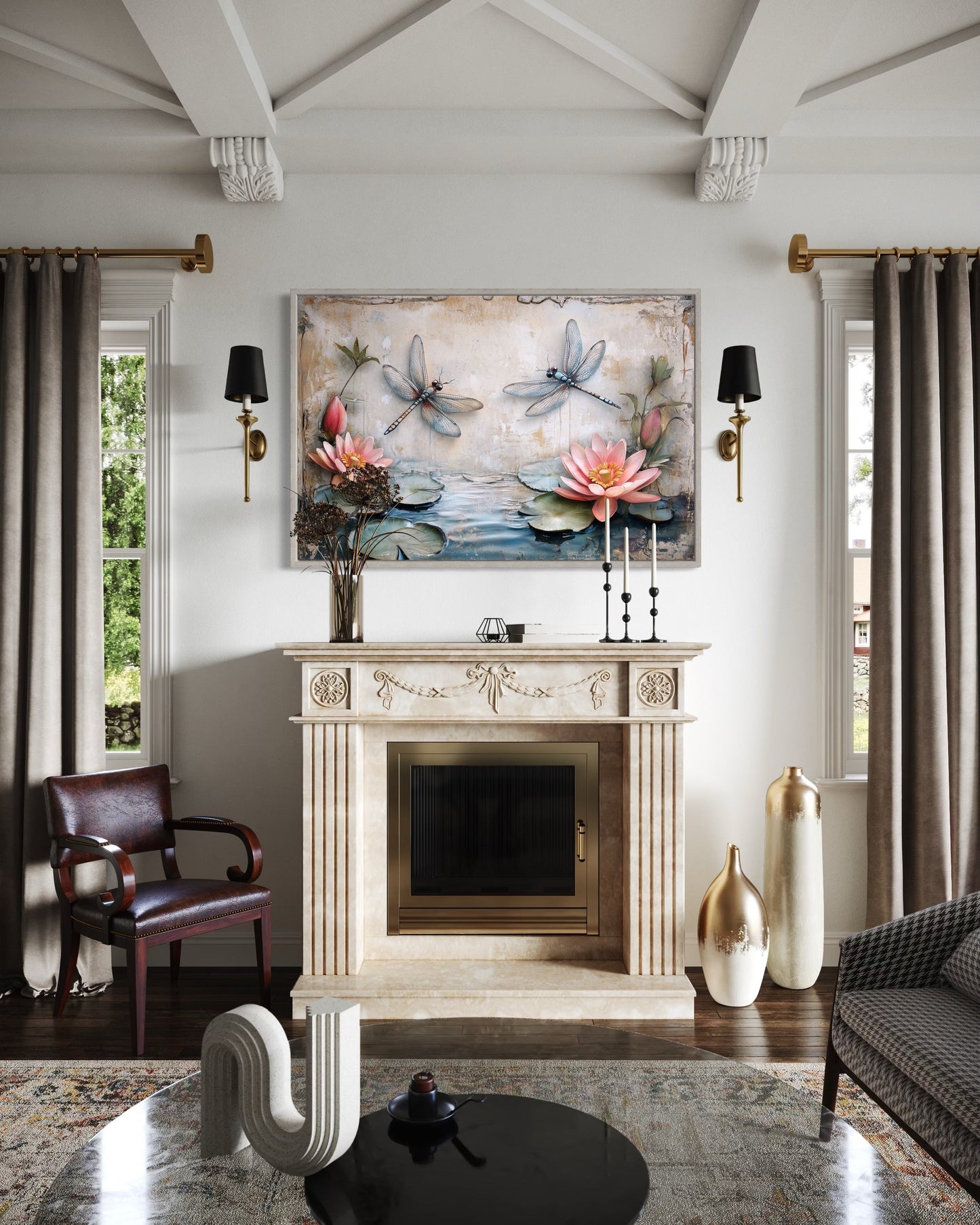 Rustic Dragonflies Wall Art – Framed Canvas Painting With Water Lilies Decor