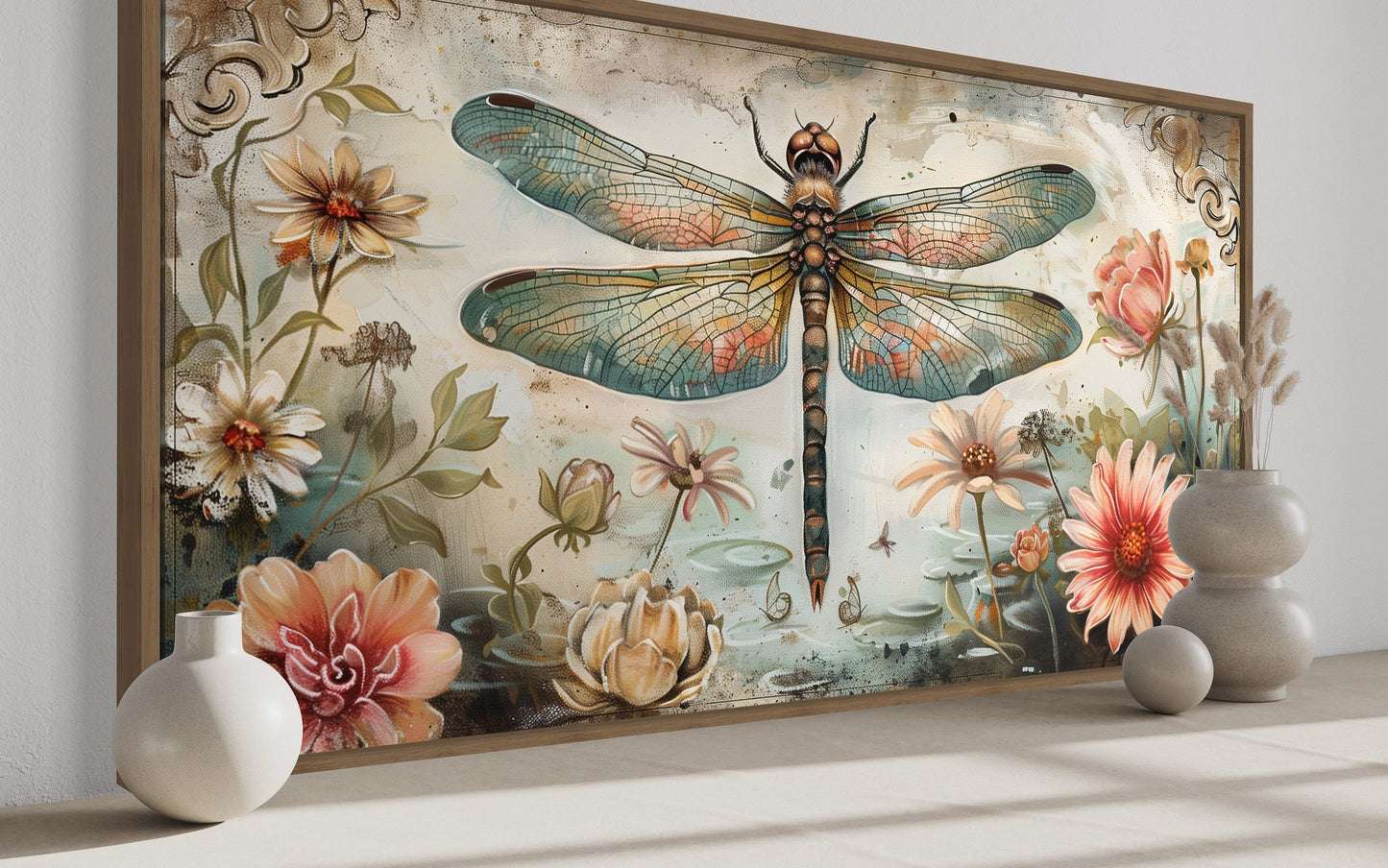 Rustic Dragonfly Wall Art – Framed Canvas Floral Illustration for Farmhouse Decor