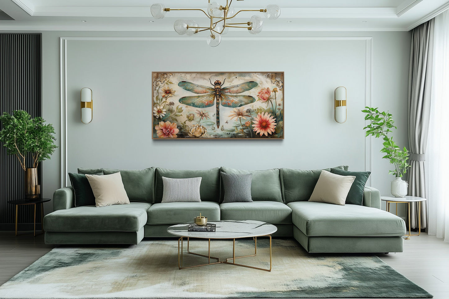 Rustic Dragonfly Wall Art – Framed Canvas Floral Illustration for Farmhouse Decor
