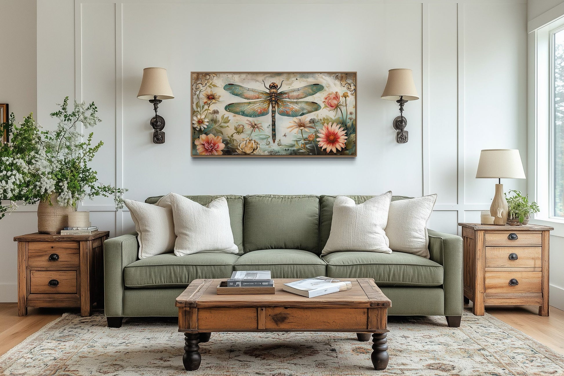 Rustic Dragonfly Wall Art – Framed Canvas Floral Illustration for Farmhouse Decor