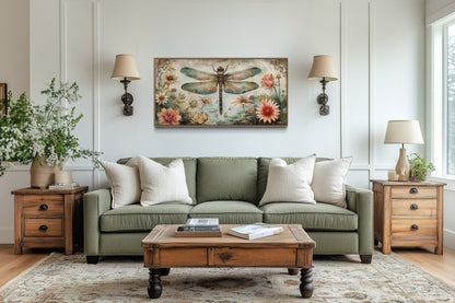 Rustic Dragonfly Wall Art – Framed Canvas Floral Illustration for Farmhouse Decor