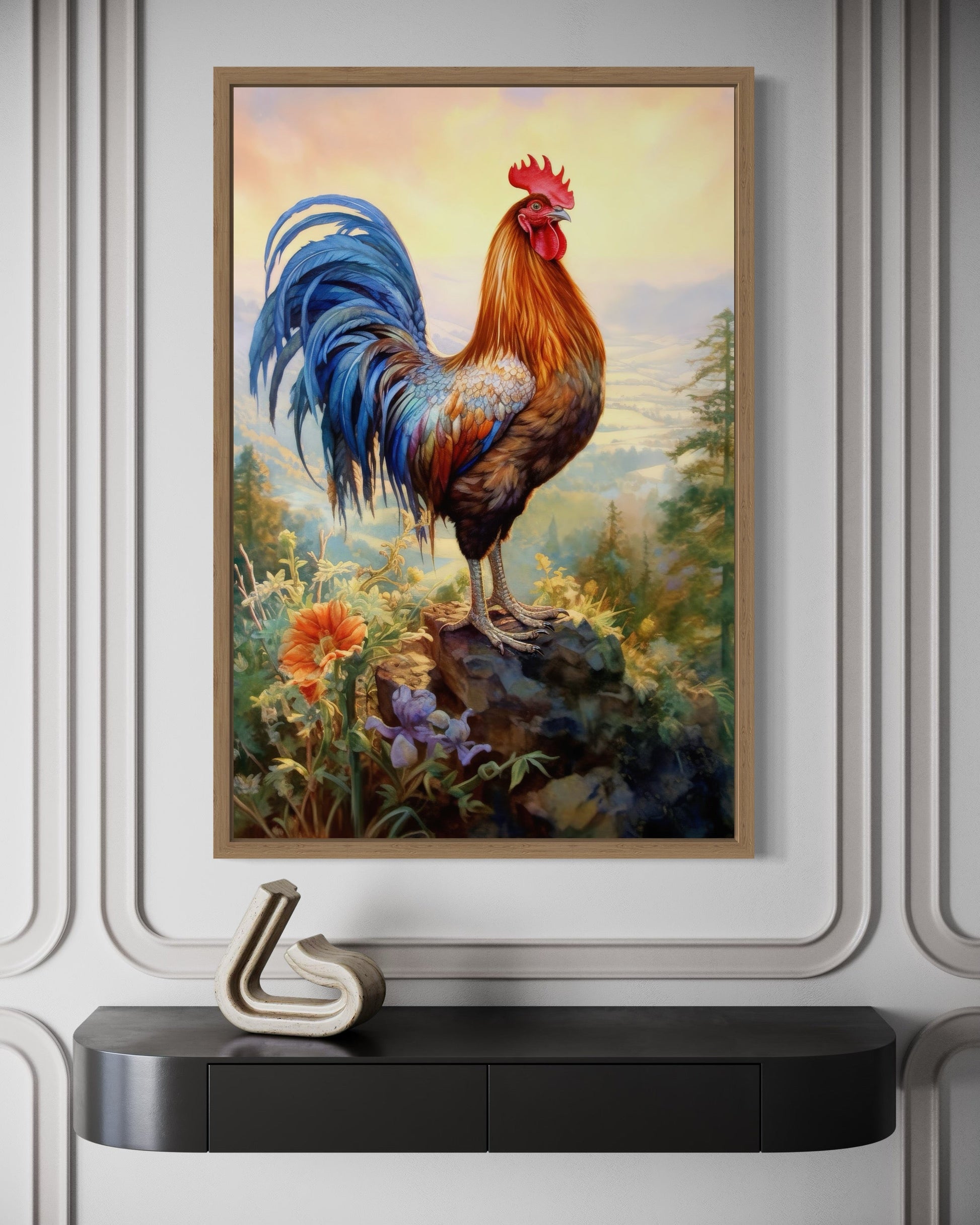 Rustic Farm Rooster Painting Framed Kitchen Wall Decor Canvas Wall Art