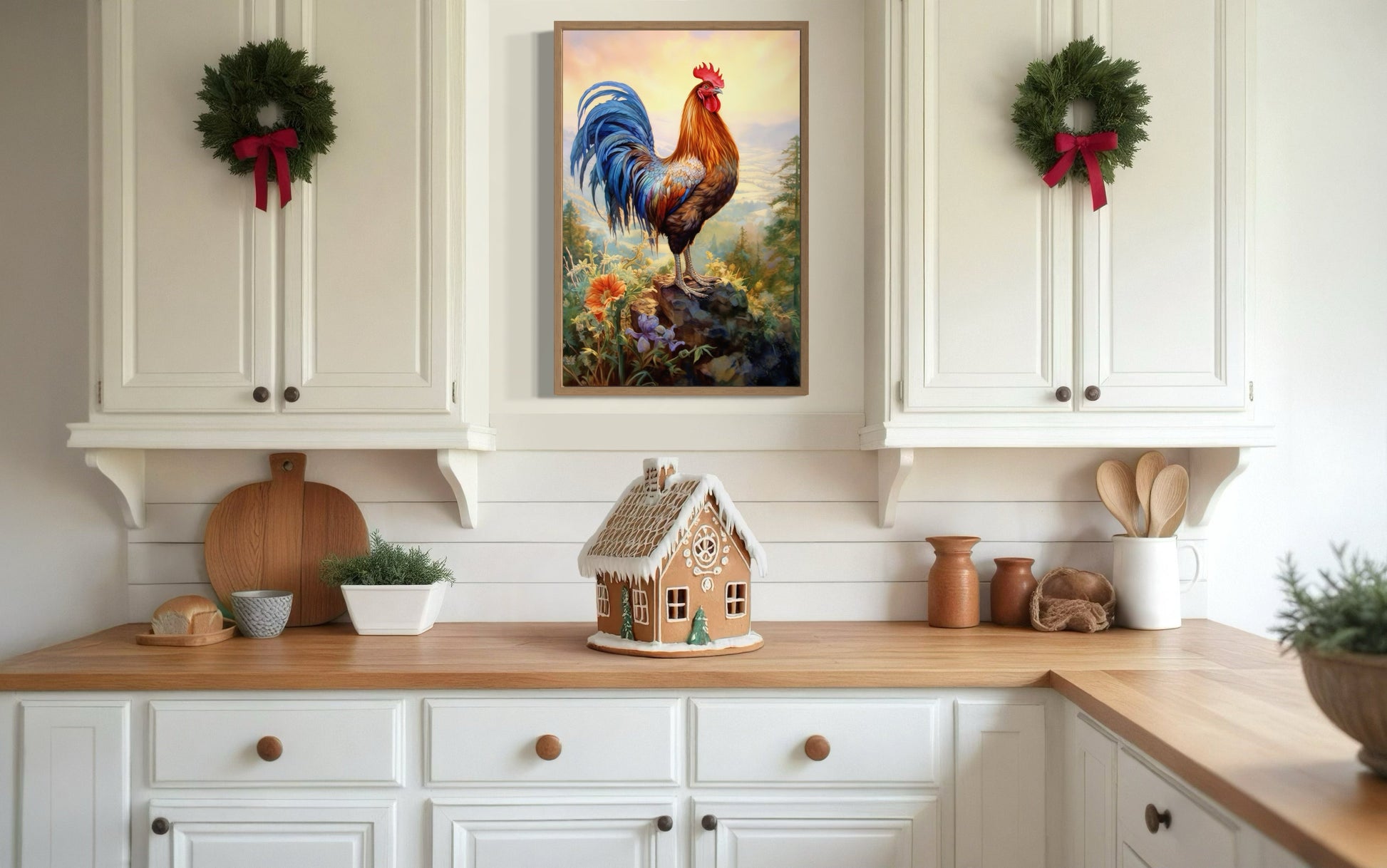 Rustic Farm Rooster Painting Framed Kitchen Wall Decor Canvas Wall Art