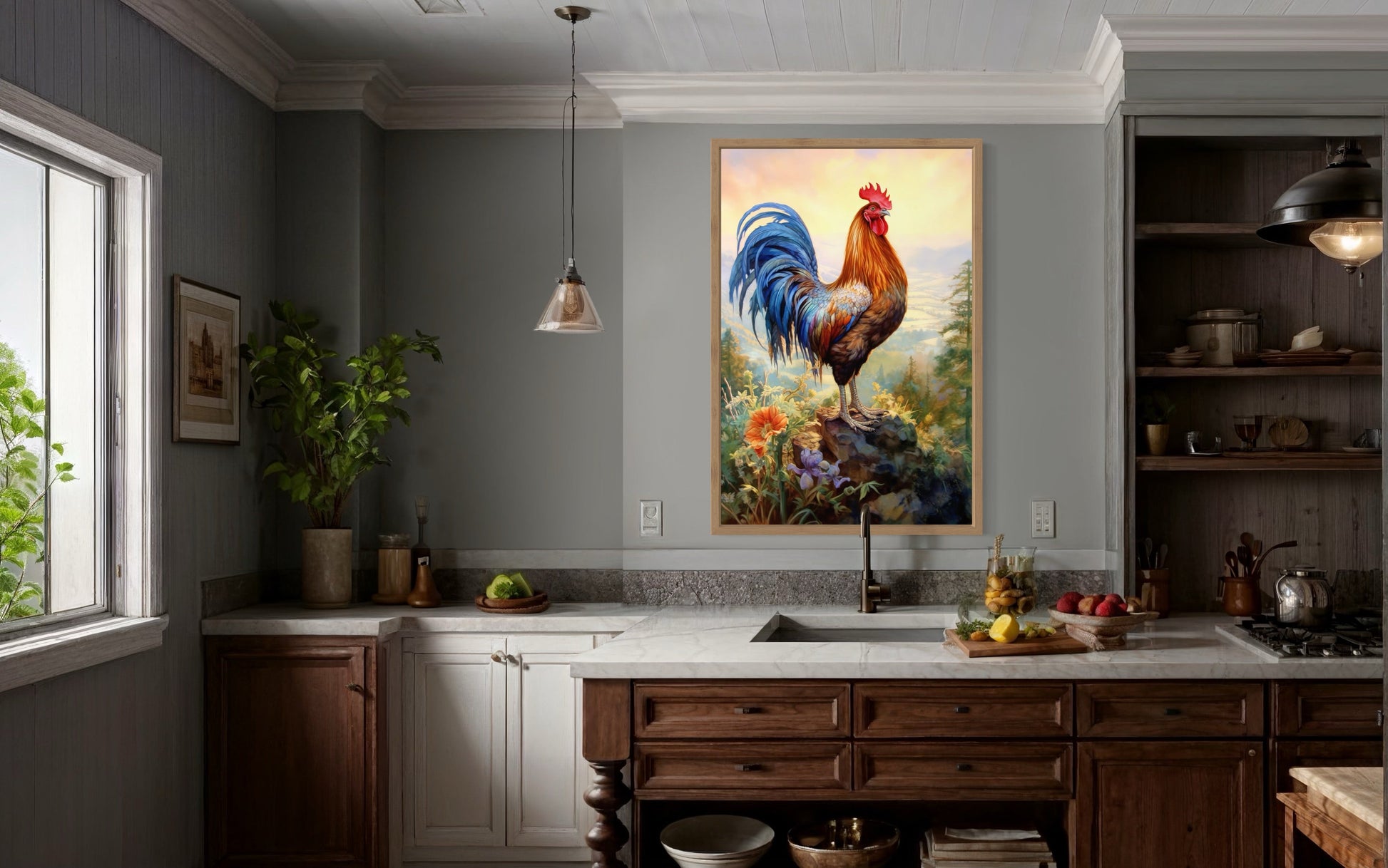 Rustic Farm Rooster Painting Framed Kitchen Wall Decor Canvas Wall Art