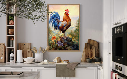 Rustic Farm Rooster Painting Framed Kitchen Wall Decor Canvas Wall Art