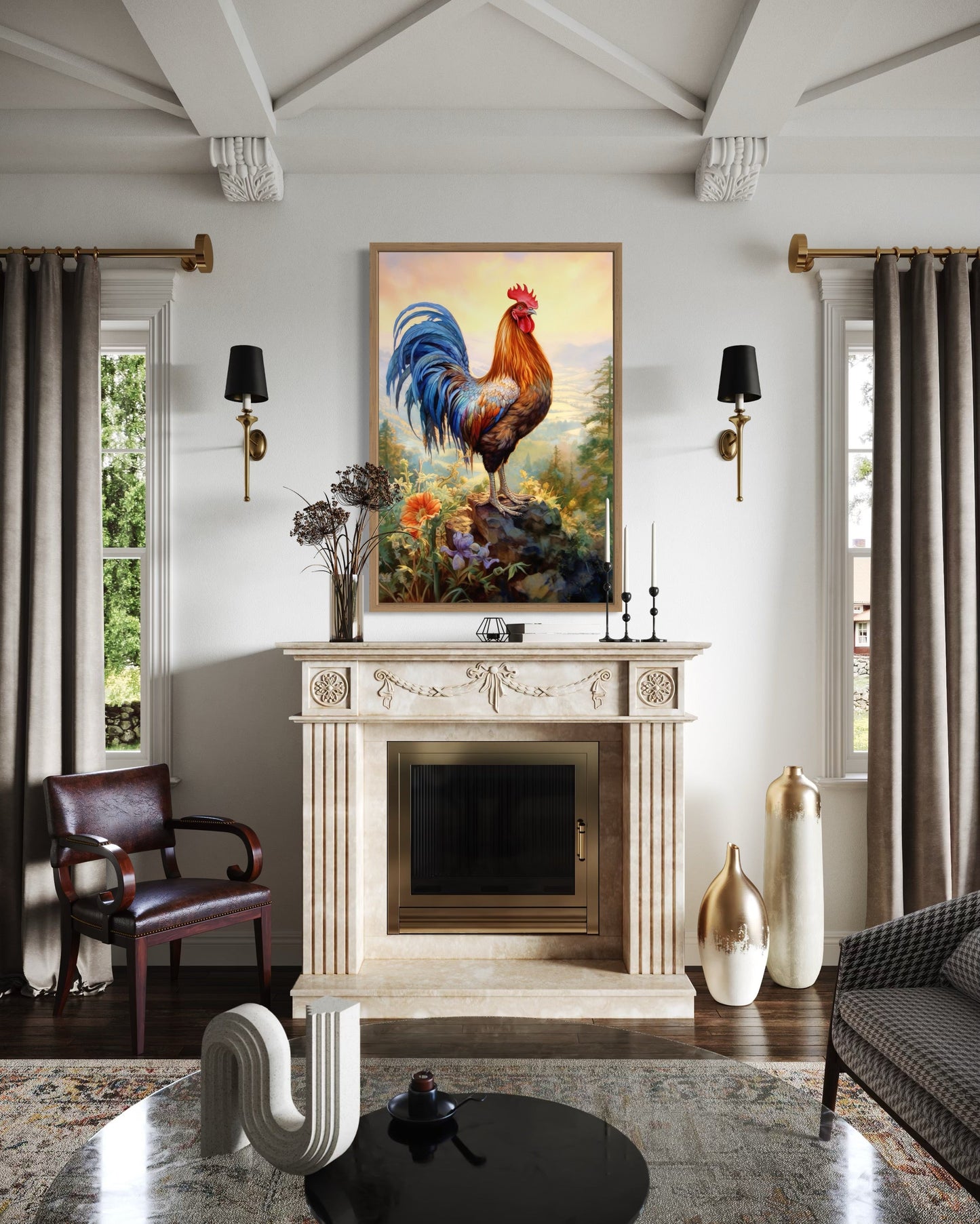 Rustic Farm Rooster Painting Framed Kitchen Wall Decor Canvas Wall Art