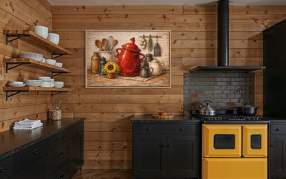 Rustic Farmhouse Kitchen Wall Art with Red Ceramic Pot and Utensils