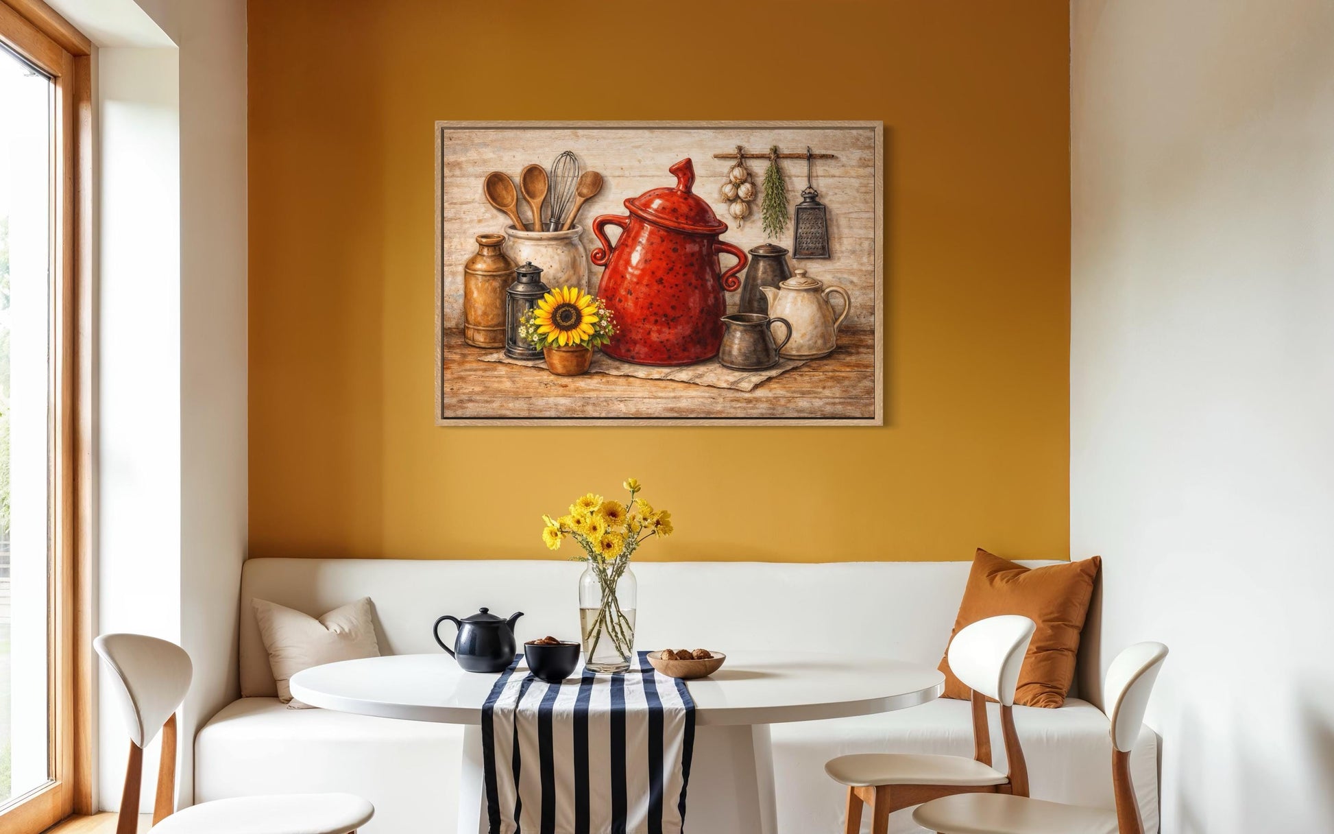 Rustic Farmhouse Kitchen Wall Art with Red Ceramic Pot and Utensils