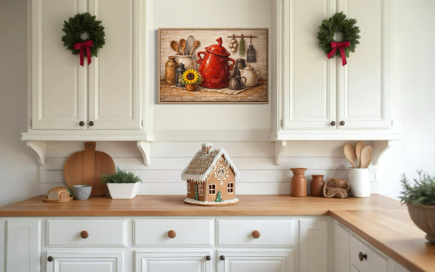 Rustic Farmhouse Kitchen Wall Art with Red Ceramic Pot and Utensils