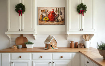 Rustic Farmhouse Kitchen Wall Art with Red Ceramic Pot and Utensils