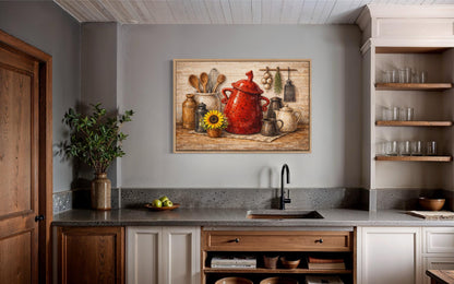 Rustic Farmhouse Kitchen Wall Art with Red Ceramic Pot and Utensils