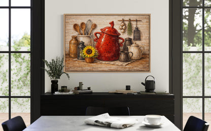 Rustic Farmhouse Kitchen Wall Art with Red Ceramic Pot and Utensils
