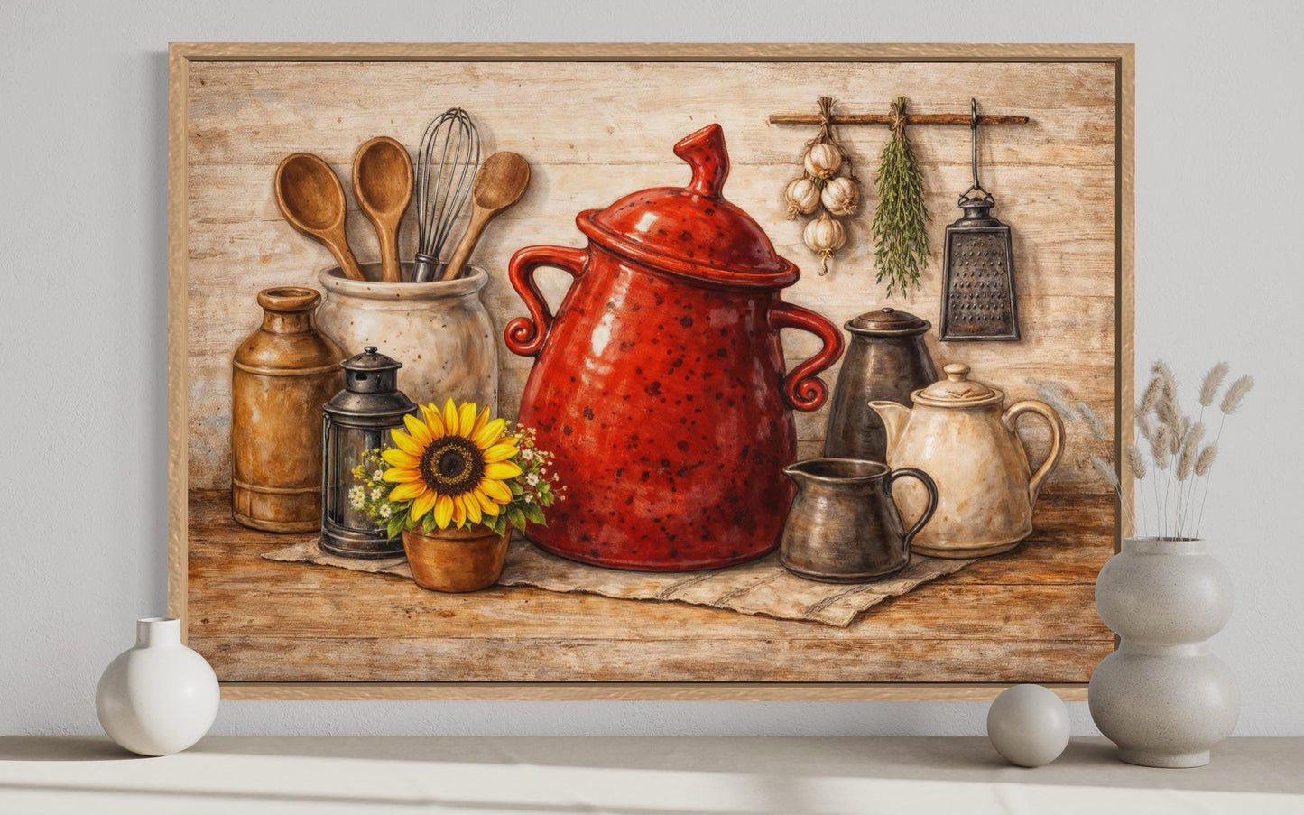 Rustic Farmhouse Kitchen Wall Art with Red Ceramic Pot and Utensils