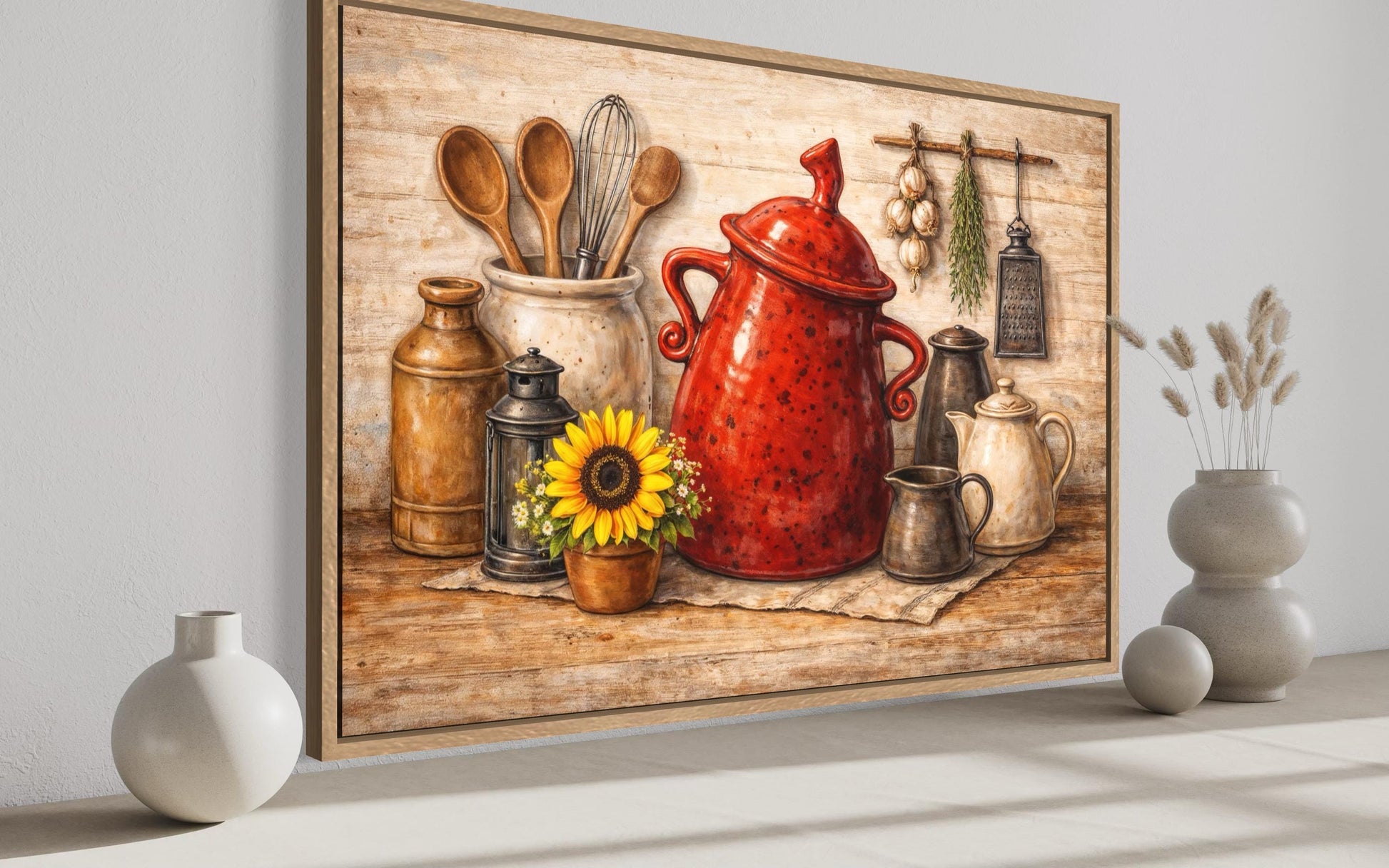 Rustic Farmhouse Kitchen Wall Art with Red Ceramic Pot and Utensils