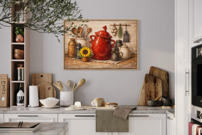Rustic Farmhouse Kitchen Wall Art with Red Ceramic Pot and Utensils