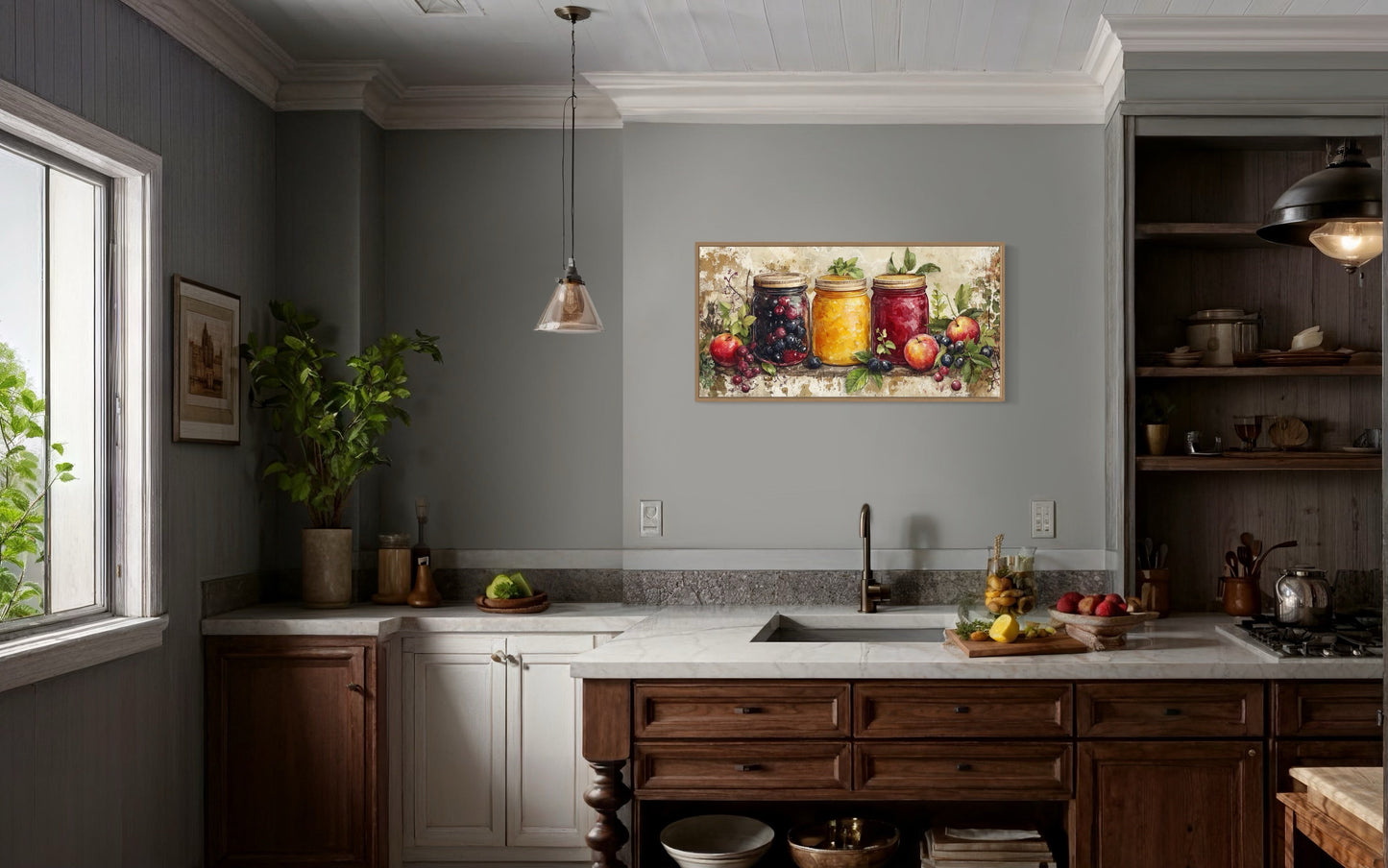 Rustic Farmhouse Wall Art – Framed Canvas Print with Mason Jar Art for Cozy Kitchen Decor