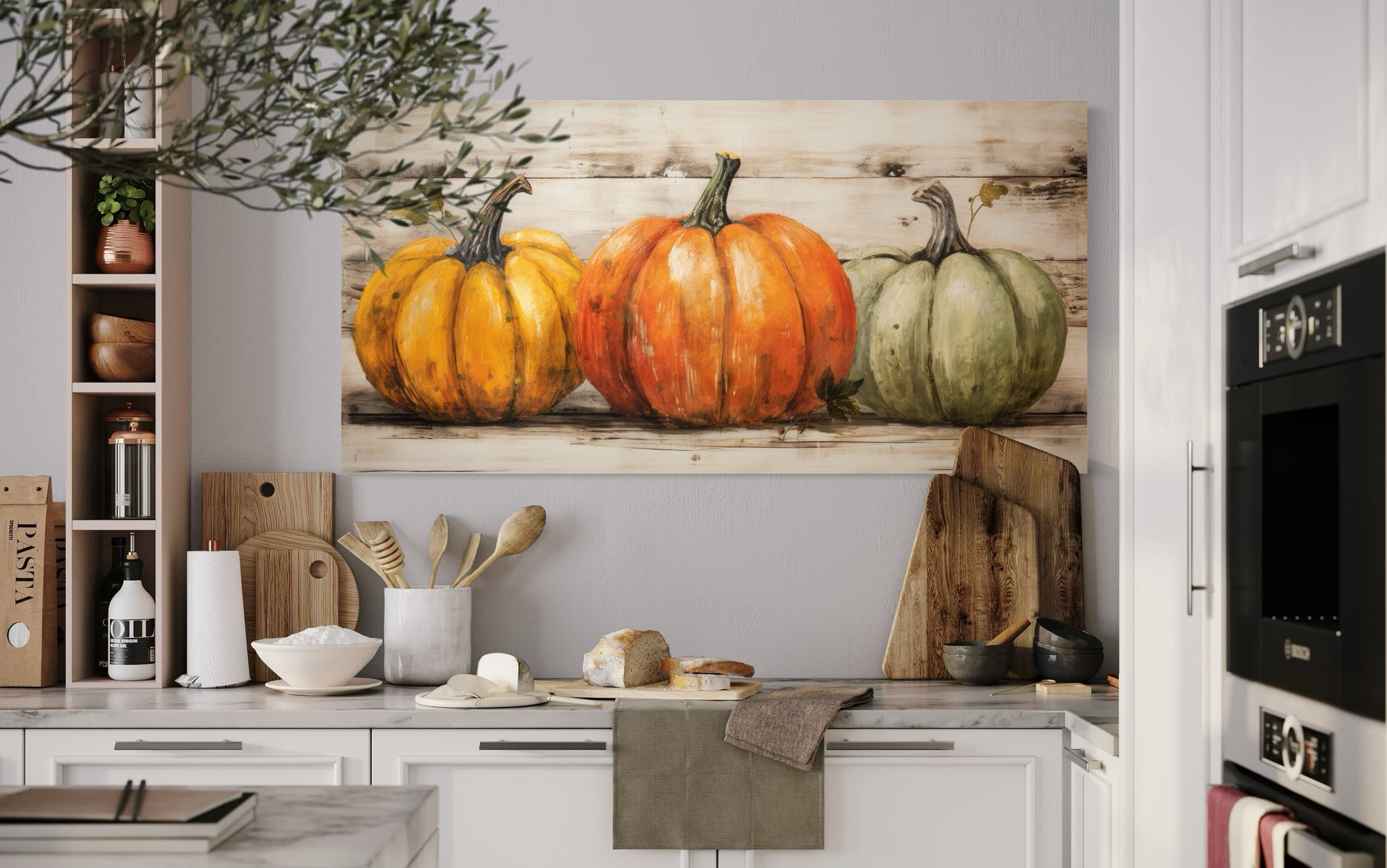 Rustic Farmhouse Wall Art – Three Pumpkin Painting Framed Canvas for Kitchen Decor