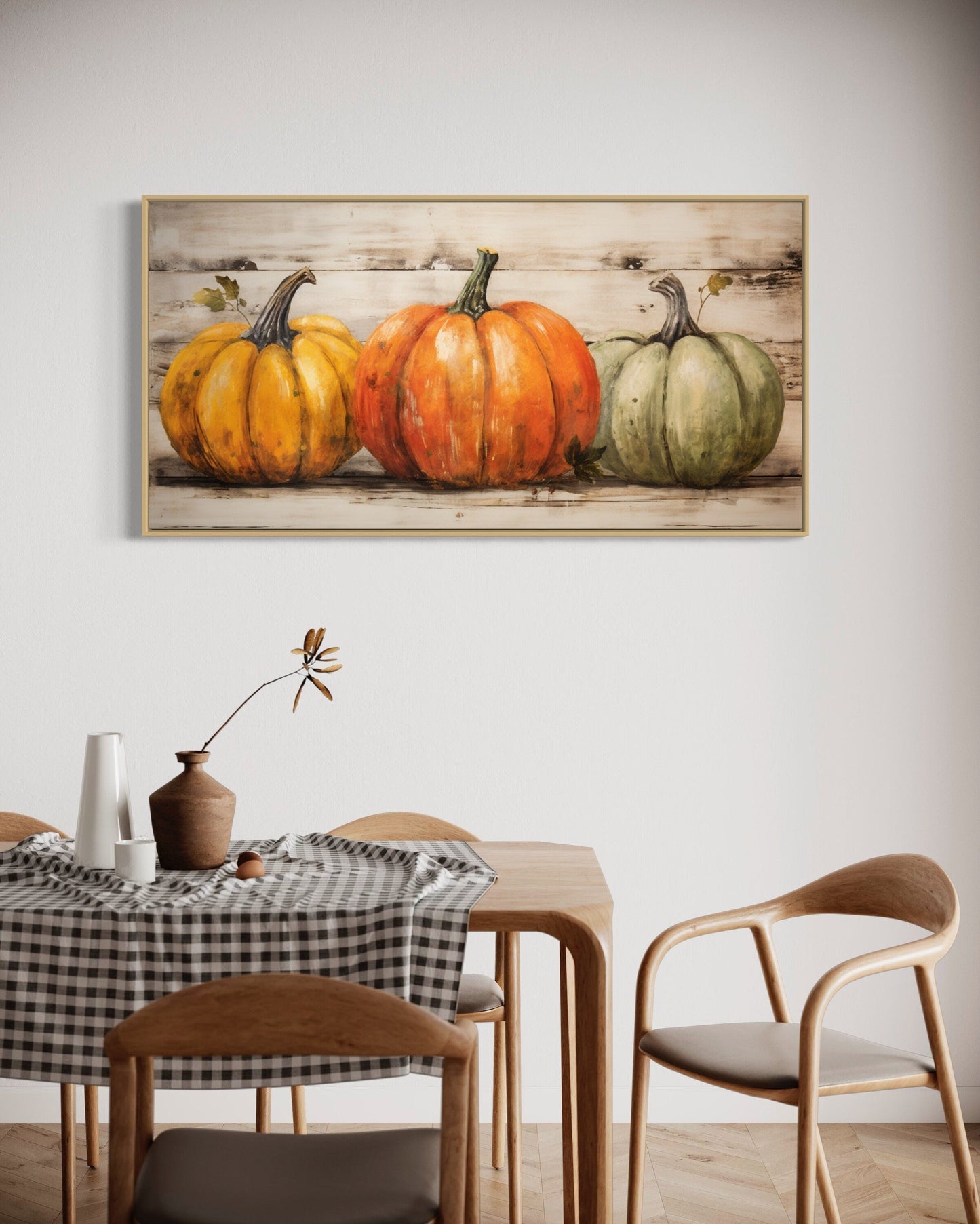 Rustic Farmhouse Wall Art – Three Pumpkin Painting Framed Canvas for Kitchen Decor