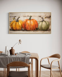 Rustic Farmhouse Wall Art – Three Pumpkin Painting Framed Canvas for Kitchen Decor