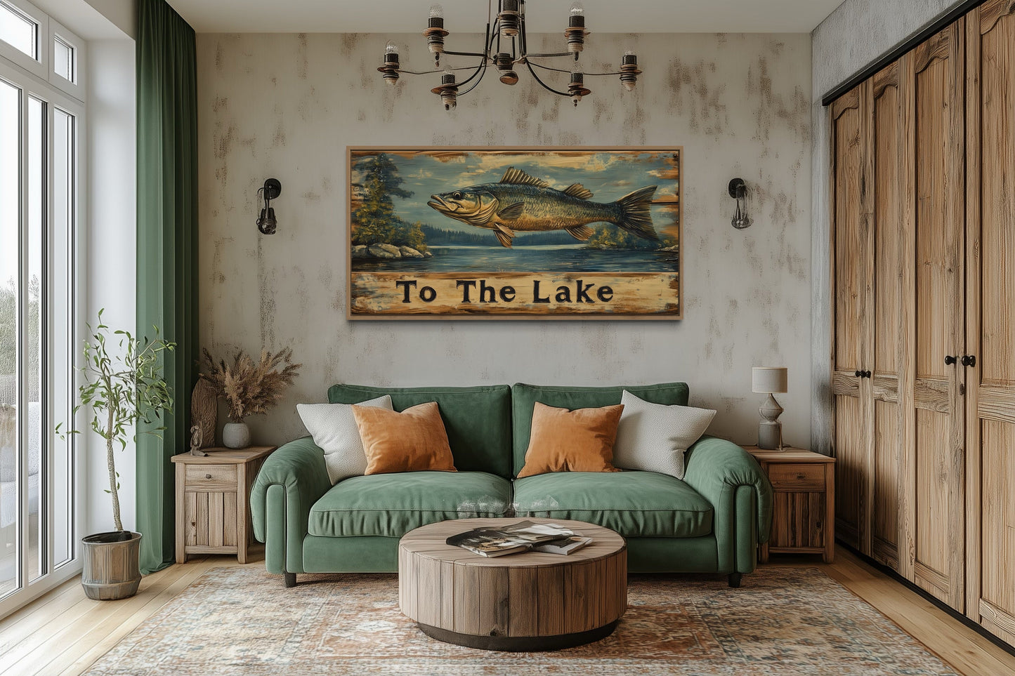 Rustic Fishing Sign - Cabin Wall Decor | Panoramic Lake Inspired Fishing Wall Art