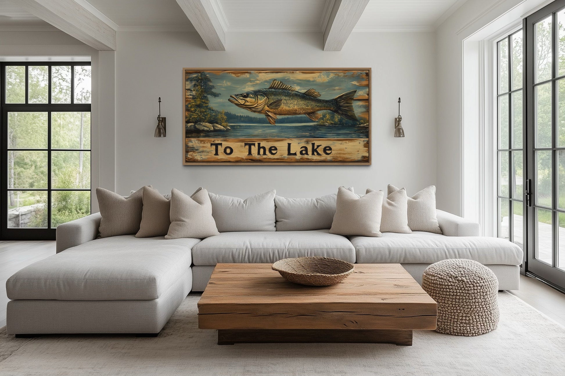 Rustic Fishing Sign - Cabin Wall Decor | Panoramic Lake Inspired Fishing Wall Art