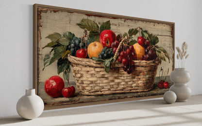Rustic Fruit Basket Painting on Distressed Wood Canvas Wall Art Farmhouse Kitchen Decor