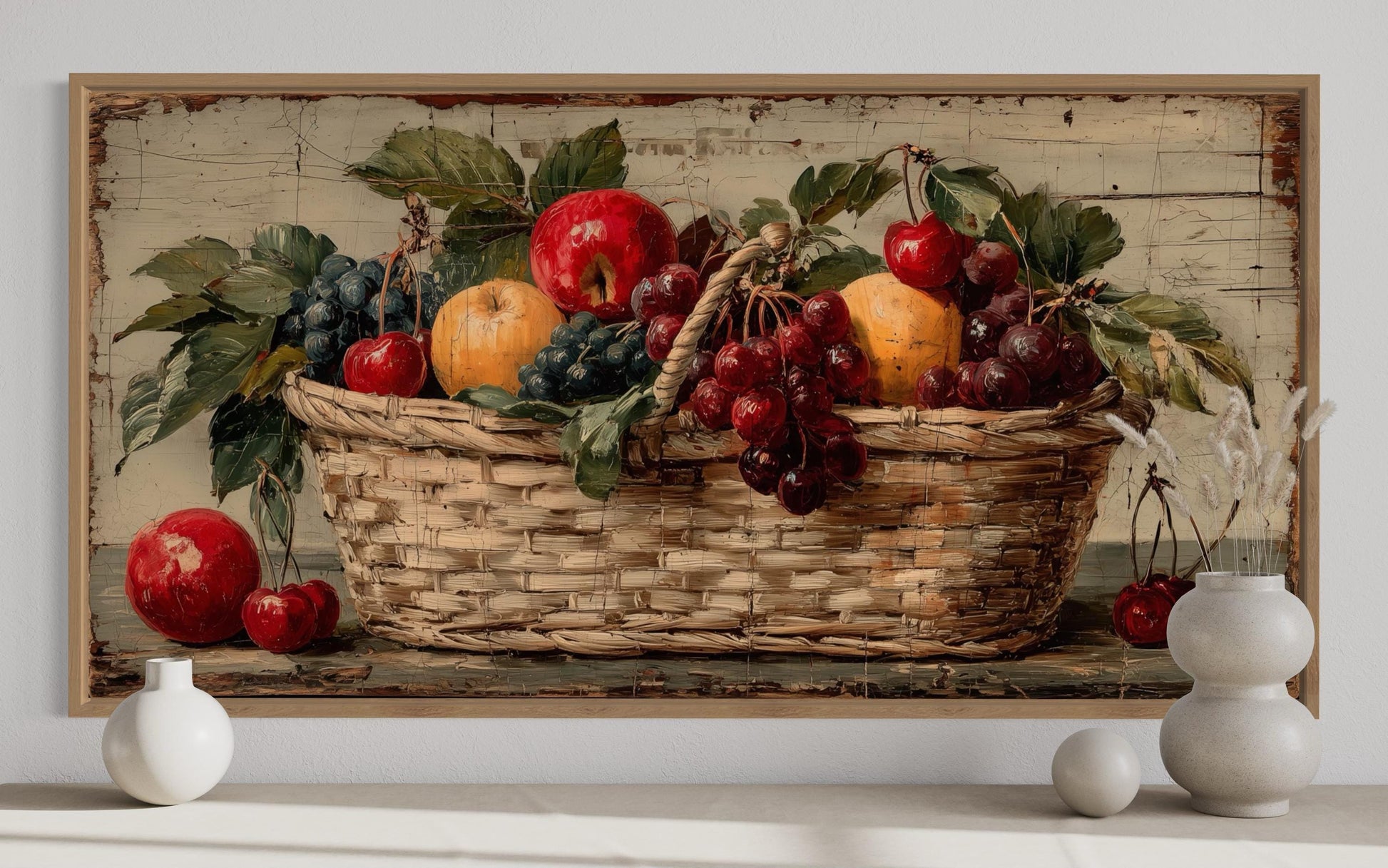 Rustic Fruit Basket Painting on Distressed Wood Canvas Wall Art Farmhouse Kitchen Decor