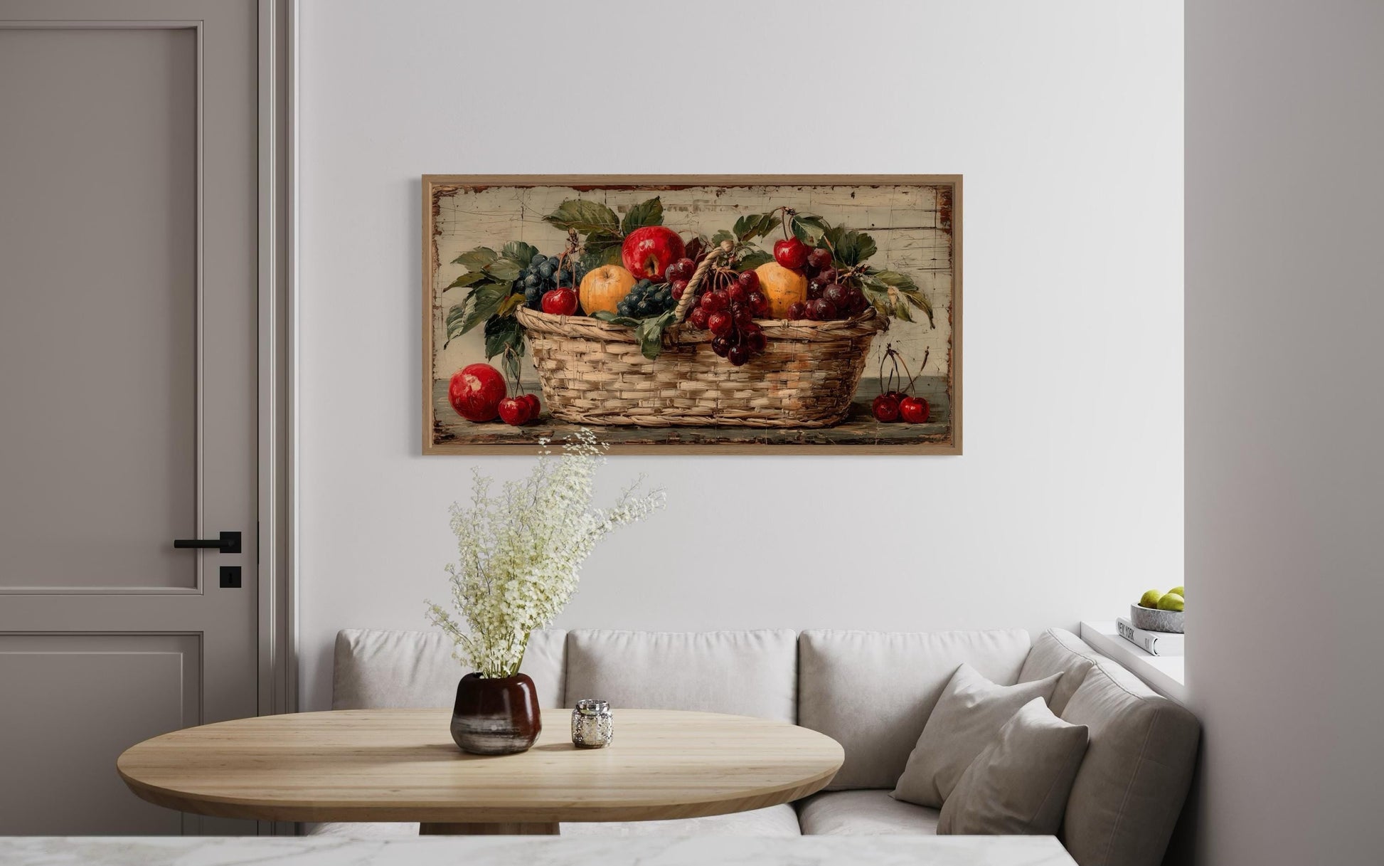 Rustic Fruit Basket Painting on Distressed Wood Canvas Wall Art Farmhouse Kitchen Decor