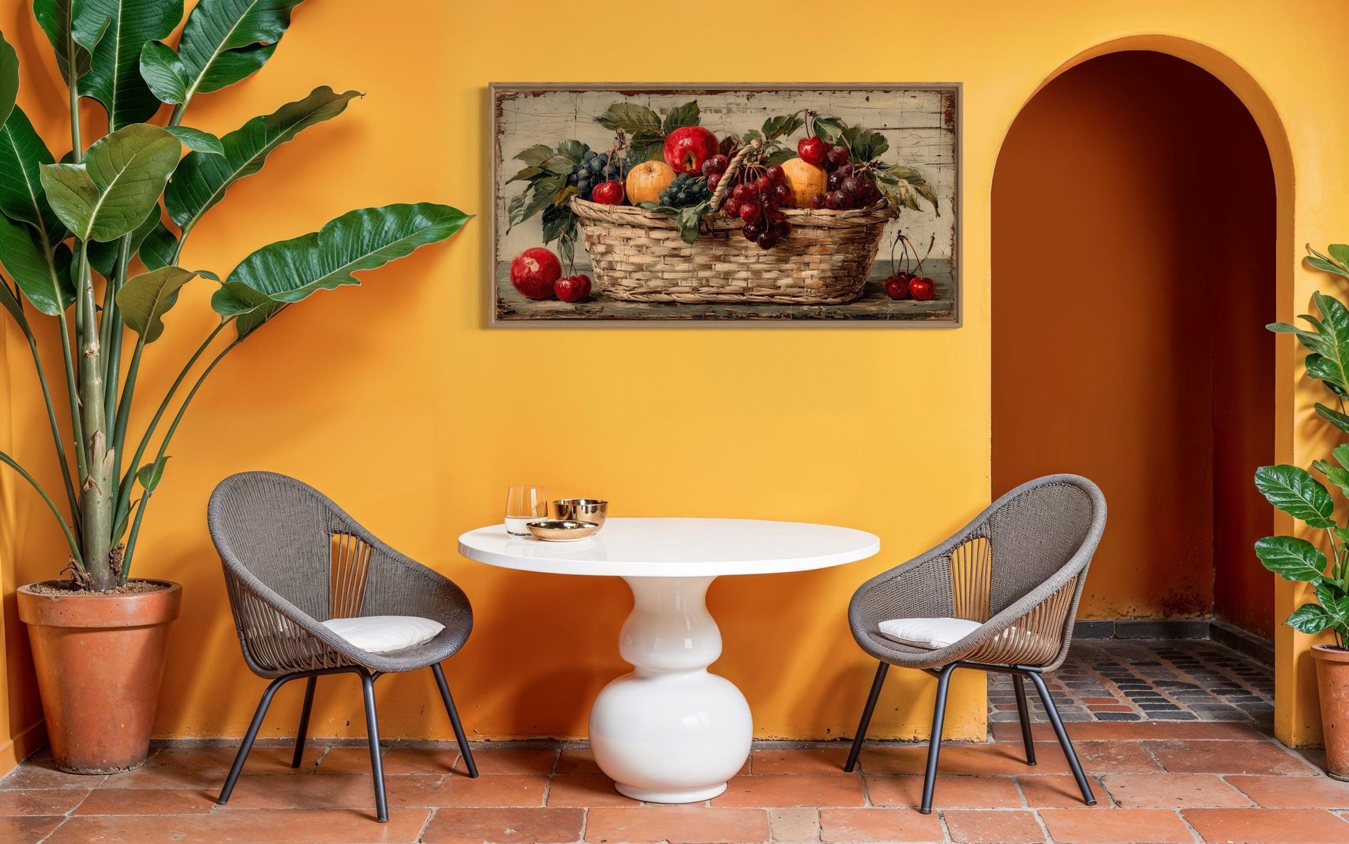 Rustic Fruit Basket Painting on Distressed Wood Canvas Wall Art Farmhouse Kitchen Decor