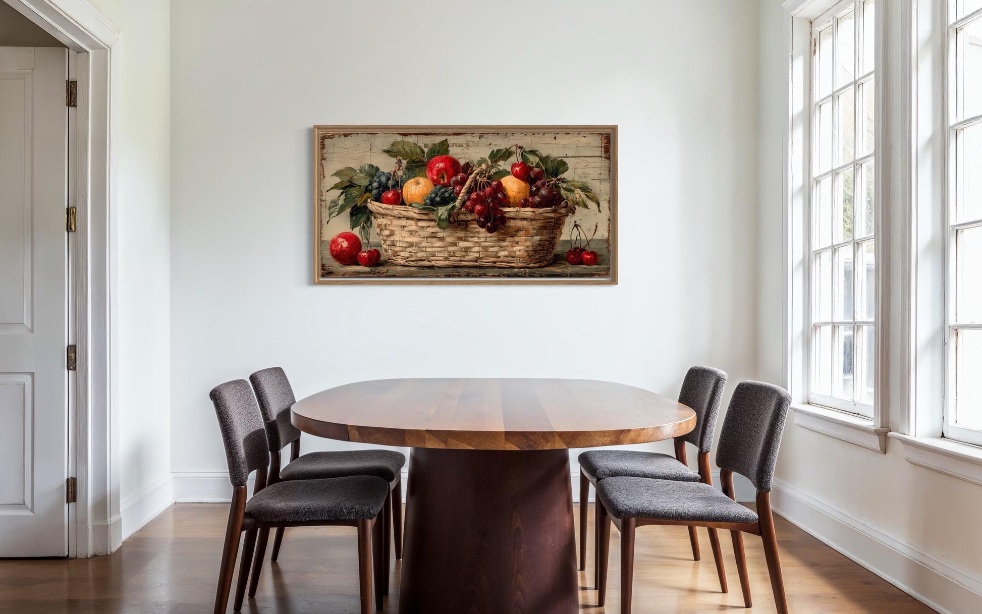 Rustic Fruit Basket Painting on Distressed Wood Canvas Wall Art Farmhouse Kitchen Decor