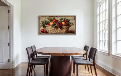 Rustic Fruit Basket Painting on Distressed Wood Canvas Wall Art Farmhouse Kitchen Decor