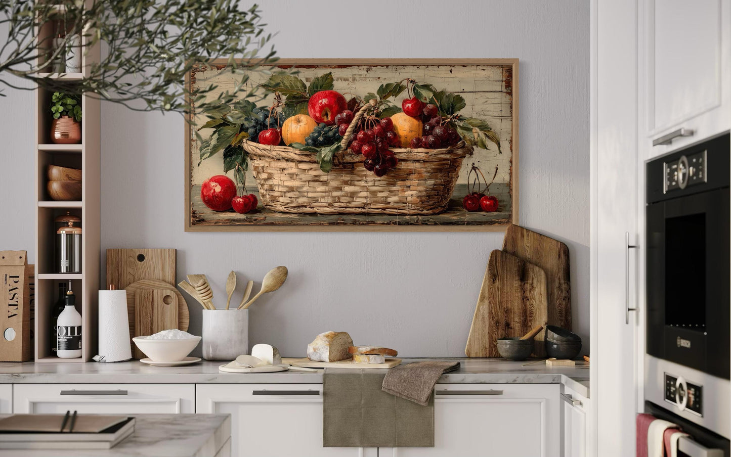 Rustic Fruit Basket Painting on Distressed Wood Canvas Wall Art Farmhouse Kitchen Decor