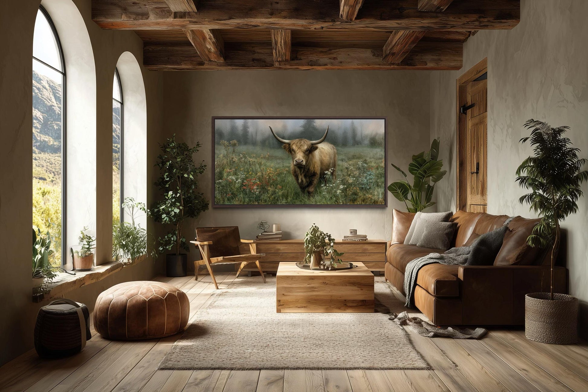 Rustic Highland Cow Art - Vintage Nature Painting on Stretched Canvas Print