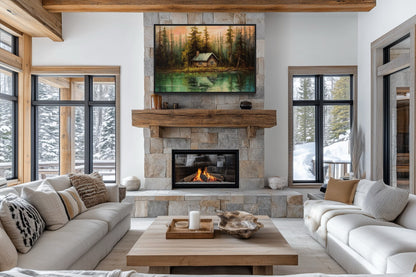 Rustic Lake And Cabin Framed Canvas Wall Art For Lake House