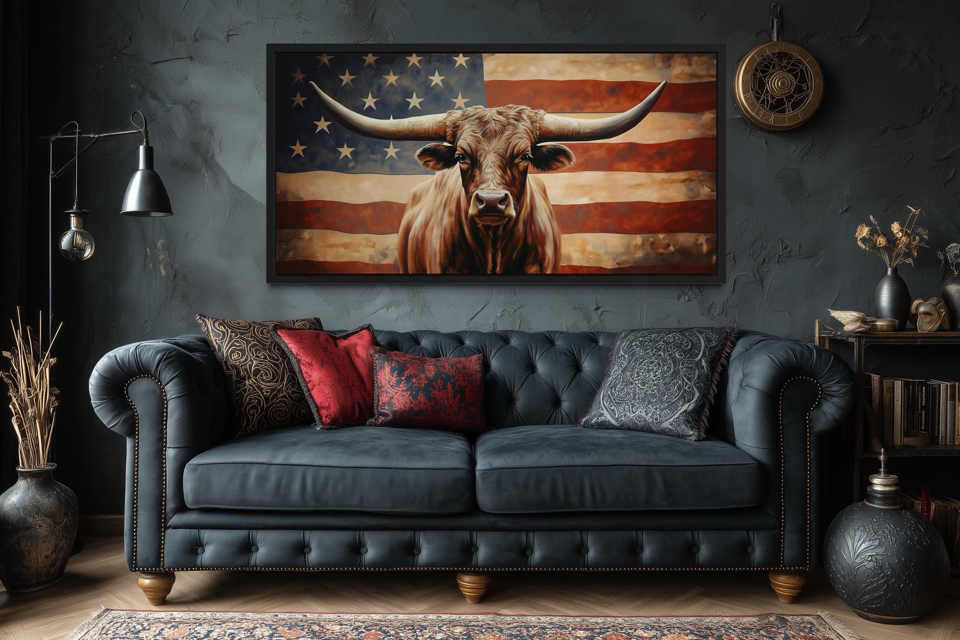 Rustic Longhorn Bull And American Flag Wall Art