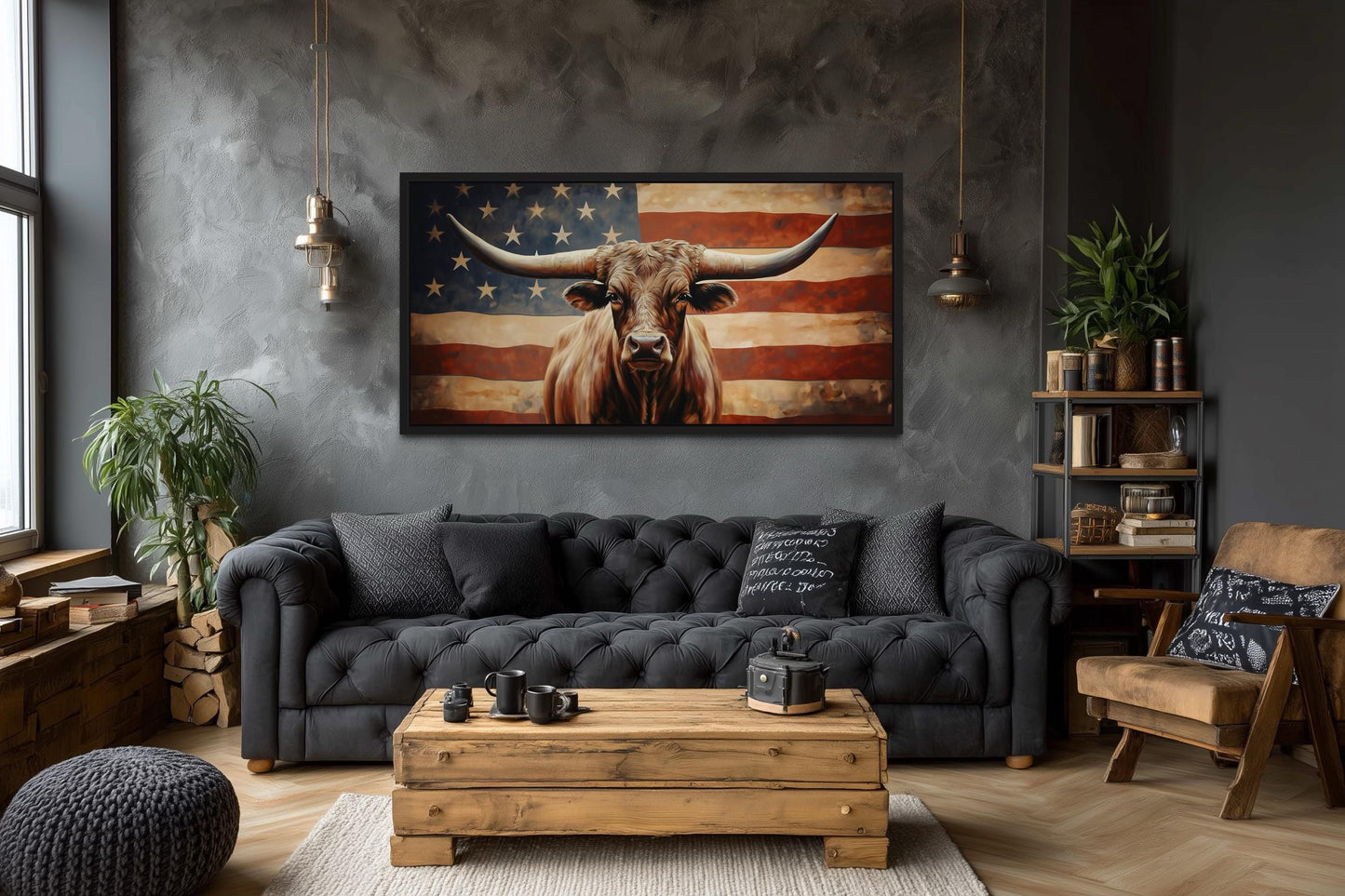 Rustic Longhorn Bull And American Flag Wall Art