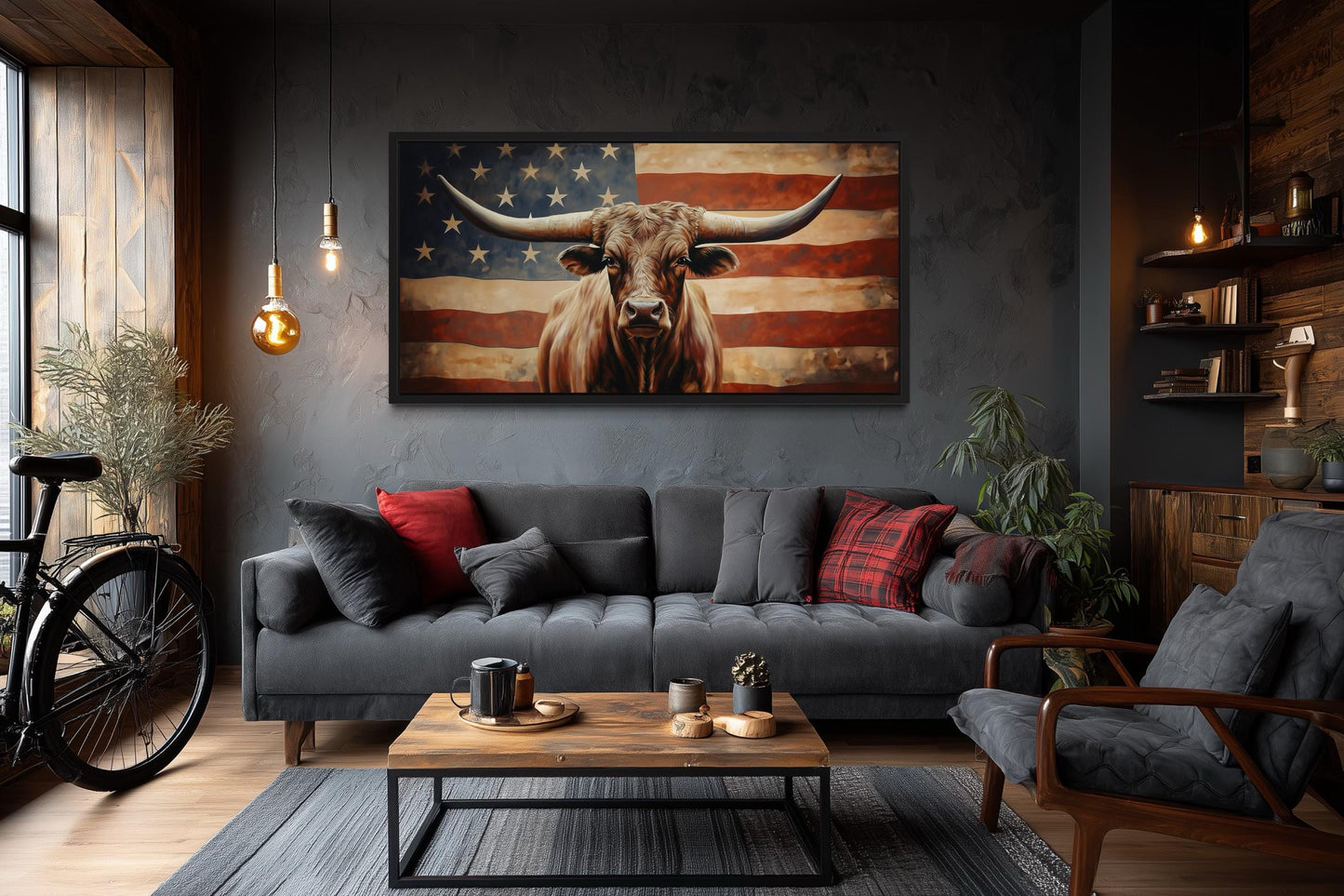Rustic Longhorn Bull And American Flag Wall Art