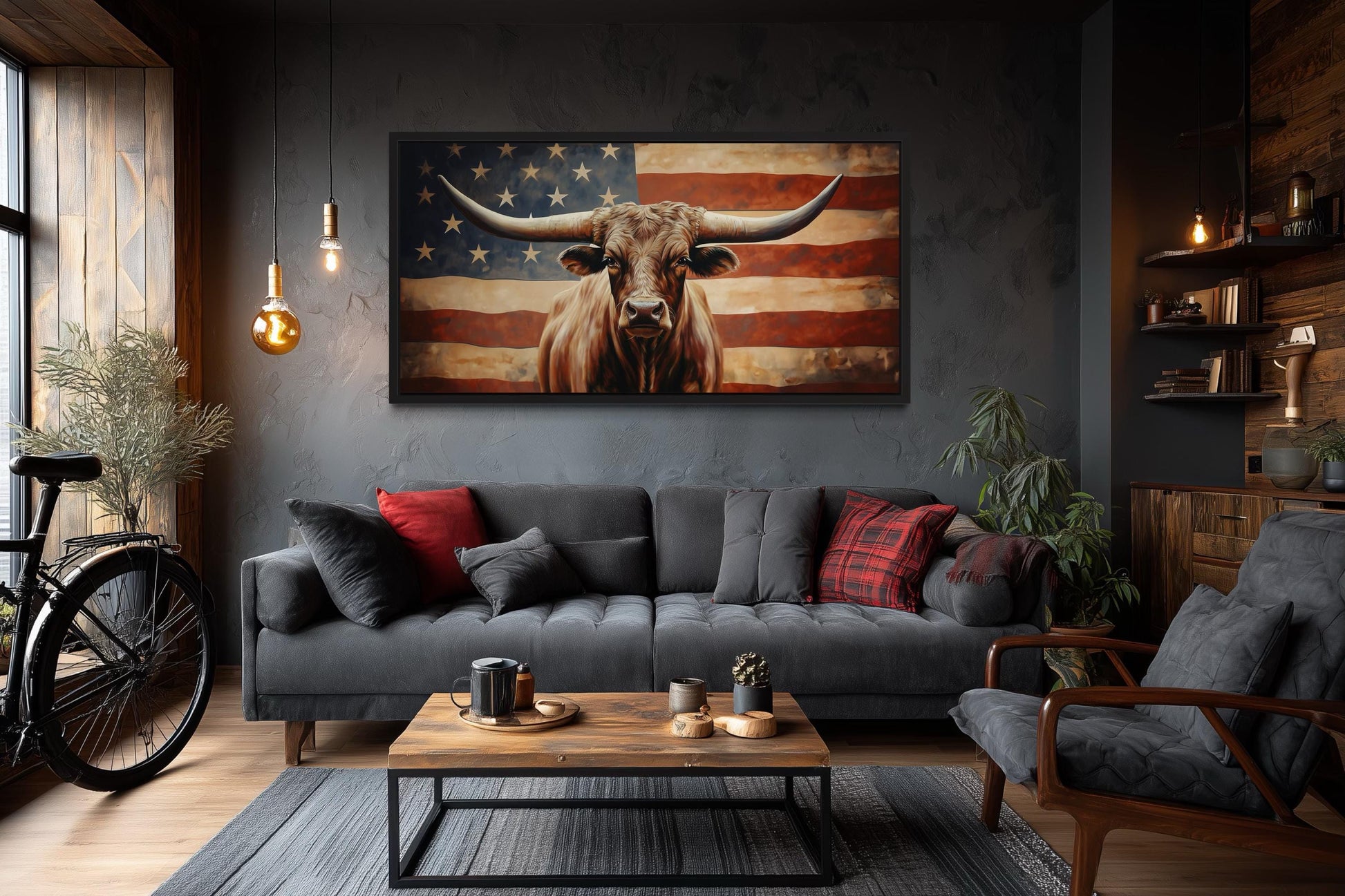 Rustic Longhorn Bull And American Flag Wall Art
