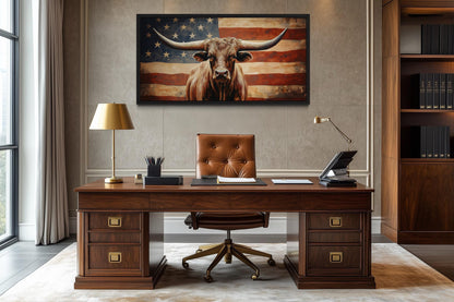 Rustic Longhorn Bull And American Flag Wall Art