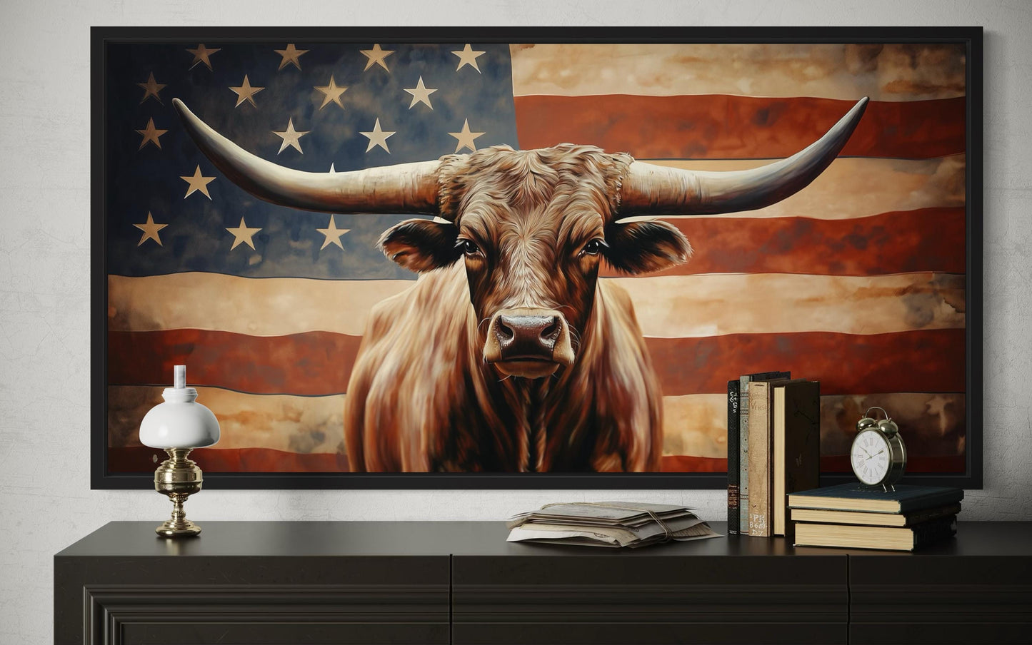Rustic Longhorn Bull And American Flag Wall Art