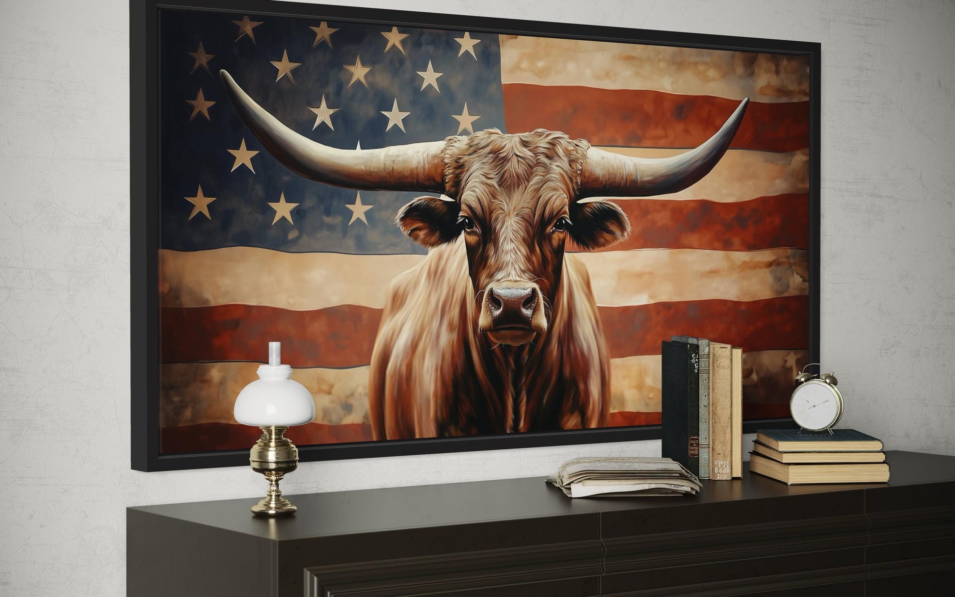 Rustic Longhorn Bull And American Flag Wall Art