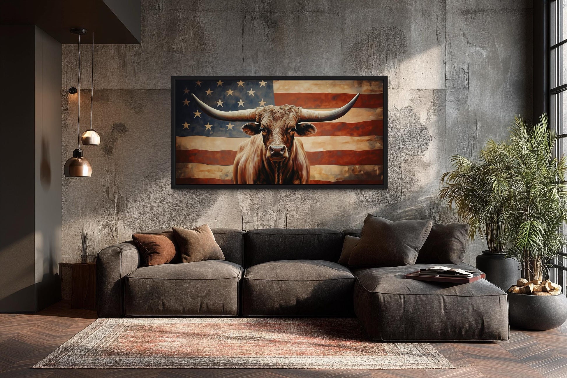 Rustic Longhorn Bull And American Flag Wall Art